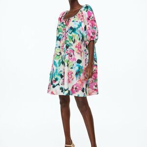 H&M PUFF-SLEEVED TIE-DETAIL FLORAL DRESS White Pink Green Blue Small